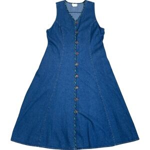 Vintage Jantzen Blue Denim Pinafore Button Up Dress L Plaid Trim Tie Back 90s
